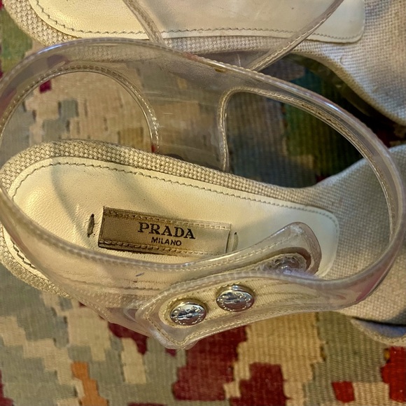 PRADA SP10 Clear PVC Platform Heels Beige Burlap Raffia Strap, sz 38.5 - Picture 10 of 13